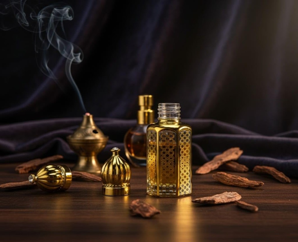 Traditional Arabian luxury: incense, fine fragrance, and natural oud on rich fabric